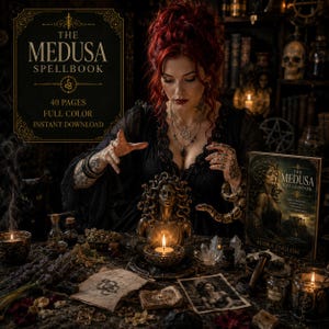 May include: A digital product titled The Medusa Spellbook featuring 40 full-color pages. The cover displays an illustration of Medusa with snakes for hair, gold-toned text, and a decorative border. The text reads The Medusa Spellbook, 40 Pages, Full Color.