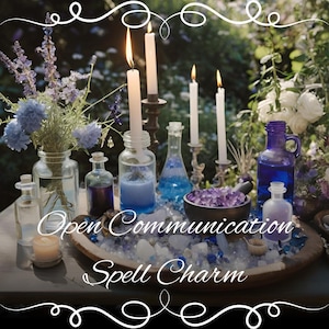 May include: A spell charm for open communication with candles, crystals, and bottles of potion on a wooden tray. The text "Open Communication Spell Charm" is written on the tray.