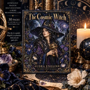 Op de afbeelding: Een boek getiteld The Cosmic Witch door Audra English, met een donkere, hemelse omslag met een persoon in een hoed met brede rand die een armillarium vasthoudt. De omslag bevat gouden filigraan, paarse bloemen en 30 pagina's aan inhoud.