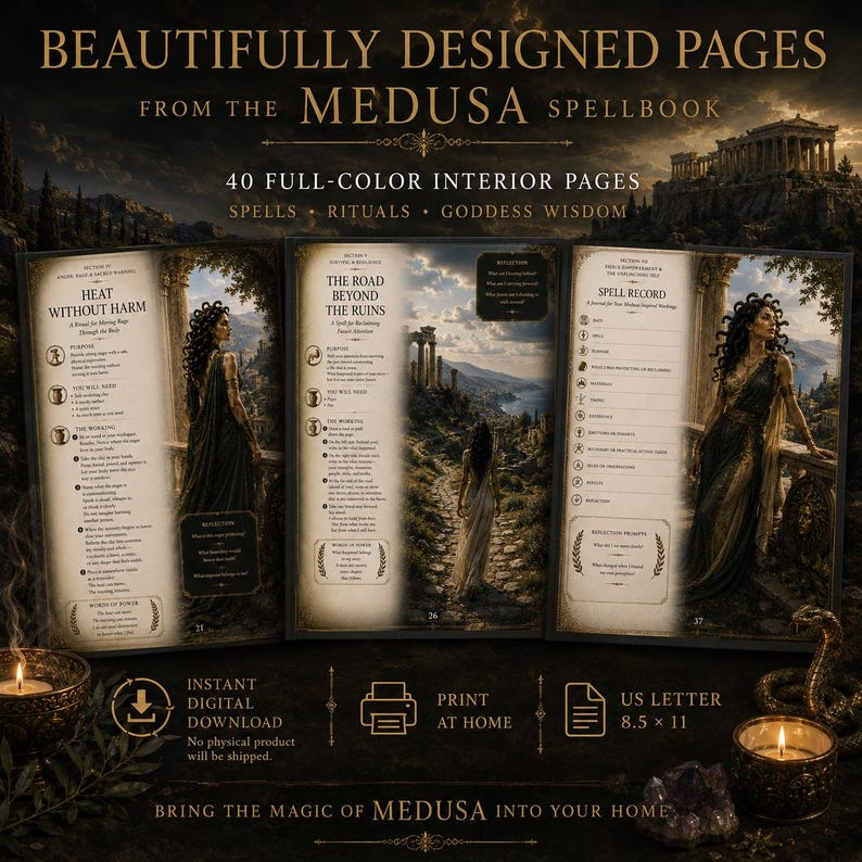 May include: Three open pages from the Medusa Spellbook featuring 40 full-color interior pages with spells, rituals, and goddess wisdom. The pages display text, illustrations of a woman with snakes for hair, and ancient ruins. US Letter 8.5 x 11.