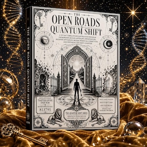 May include: A hardcover book titled The Open Roads Quantum Shift with a black and white cover illustration featuring an open arched gate, a silhouette of a person holding a key, two lions, and celestial motifs. The text includes the subtitle A 30-Day Timeline Reconstruction Program and the number 813791.
