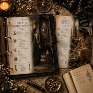 May include: A leather-bound ring binder open to page 12 titled No Is A Complete Door, featuring an illustration of a person in a dark gown standing before a door. Beside it lies a page titled Return To The Body and a small notebook with handwritten text.