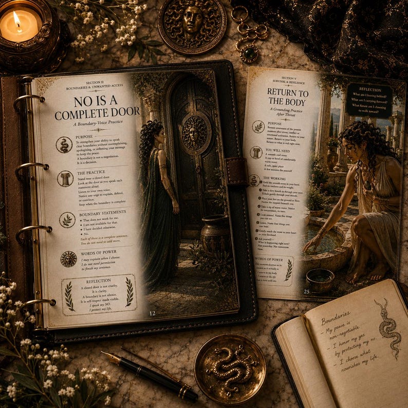 May include: A leather-bound ring binder open to page 12 titled No Is A Complete Door, featuring an illustration of a person in a dark gown standing before a door. Beside it lies a page titled Return To The Body and a small notebook with handwritten text.