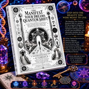 May include: A white book titled The Manifest Your Dreams Quantum Shift with black ink illustrations of a central archway, geometric patterns, and celestial symbols. The cover features text detailing a 30-day program by Audra English.