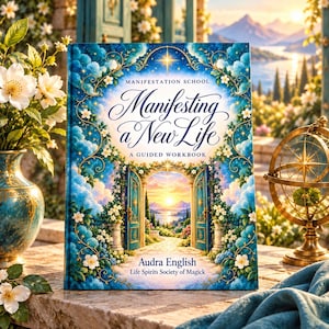 Op de afbeelding: Een hardcover boek getiteld Manifesting a New Life: A Guided Workbook door Audra English. De kaft toont een blauwe lucht met wolken, een gouden boogdeur die uitkijkt op een zonsonderganglandschap, witte bloemen en gouden filigraan accenten.
