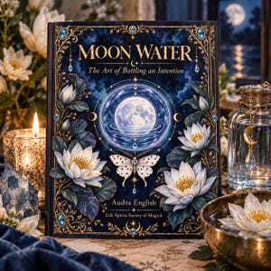 May include: A hardcover book titled Moon Water: The Art of Bottling an Intention by Audra English. The dark blue cover features a central full moon illustration, a white moth, and white lotus flowers, framed by gold filigree and blue gems.
