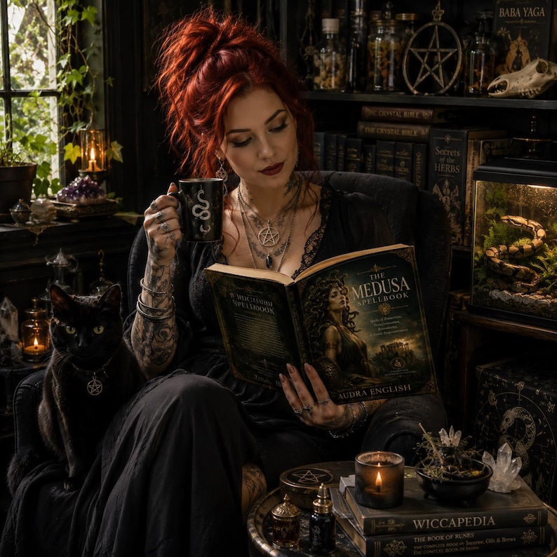 May include: A person with red hair sits in a chair holding a black mug with a white snake graphic and reading a book titled The Medusa Spellbook by Audra English. A black cat with a pentagram collar sits beside them in a room filled with books.