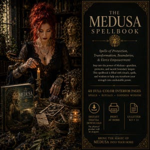 May include: The Medusa Spellbook is a digital guide featuring 40 full-color interior pages of rituals and spells. The cover displays the title and author Audra English. The document is formatted for US Letter 8.5 x 11 inch paper printing.