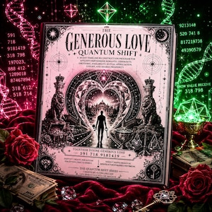 May include: A rectangular book titled The Generous Love Quantum Shift with a pink and black cover featuring a central heart-shaped portal, a silhouette figure, two lions, and text. The book is surrounded by red roses, stacks of 100 dollar bills, and diamonds.