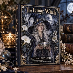 May include: A hardcover book titled The Lunar Witch by Audra English. The cover features an illustration of a person with long white hair wearing a dark blue witch hat, holding a silver bowl, surrounded by white flowers and a full moon background.