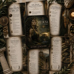 May include: A hardcover book titled The Medusa Spellbook by Audra English, surrounded by open pages displaying various spells, including The Bronze Circle and The Serpent's Return, alongside decorative items like a small column and a gold snake.