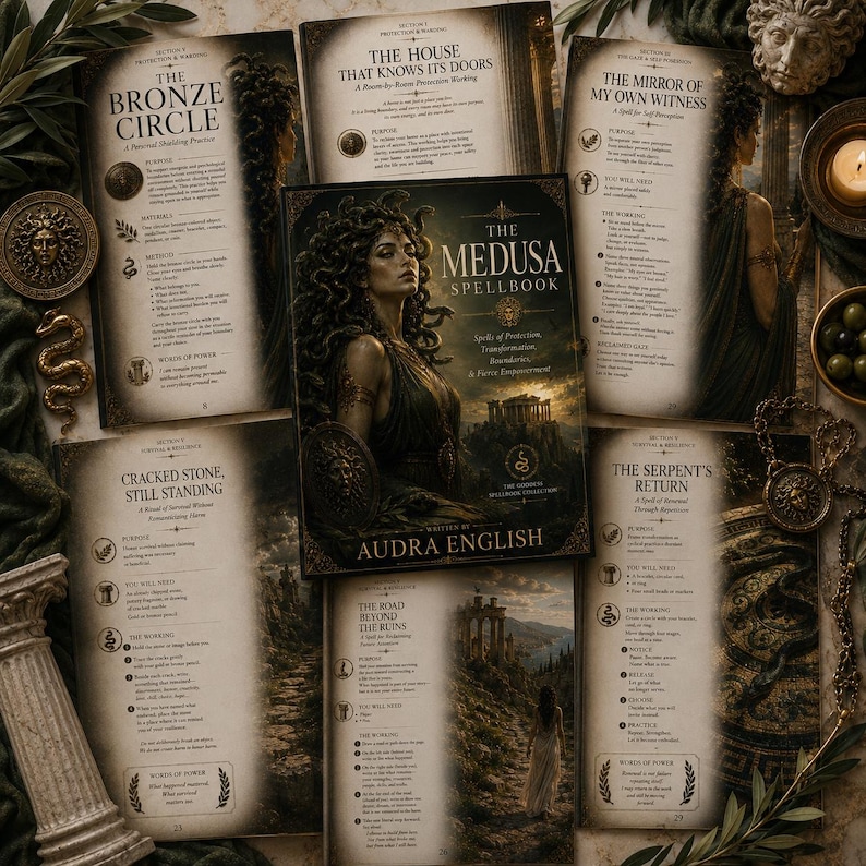 May include: A hardcover book titled The Medusa Spellbook by Audra English, surrounded by open pages displaying various spells, including The Bronze Circle and The Serpent's Return, alongside decorative items like a small column and a gold snake.