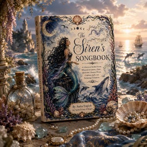 Puede incluir: Un libro de tapa dura titulado The Siren's Songbook de Audra English, con una ilustración de una sirena sobre una roca, una ballena y delfines. La portada incluye texto, notas musicales y motivos de conchas marinas con un atardecer costero.