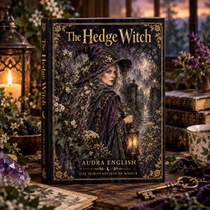 May include: A hardback book titled The Hedge Witch by Audra English. The cover features an illustration of a person in a wide-brimmed hat and dark cloak holding a lantern, standing near a gate in a forest at night with gold floral borders.