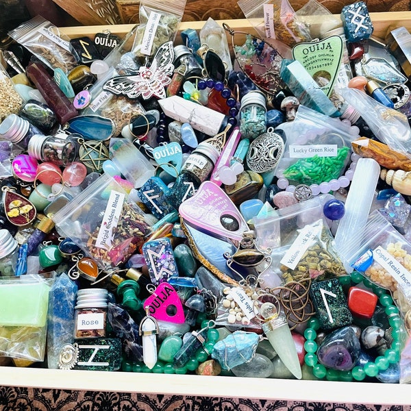 Witch Assortment Crystal Confetti. With crystals, towers, jewelry, charms, herbs, incense, crystal mushrooms, candles, curios, soaps, runes.
