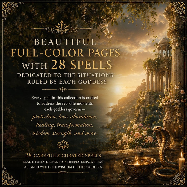 May include: A book cover featuring a golden sunset over a coastal landscape with a stone balcony, a cobra statue, and a candle. Text reads: BEAUTIFUL FULL-COLOR PAGES WITH 28 SPELLS DEDICATED TO THE SITUATIONS RULED BY EACH GODDESS and 28 CAREFULLY CURATED SPELLS.