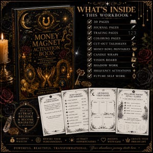 Könnte beinhalten: Ein schwarz-goldenes Money Magnet Activation Book von Audra English mit einer Liste von 30 Inhaltsseiten, darunter Tagebuchseiten, Nachzeichnseiten, Malvorlagen, ausschneidbare Talismane, Geld-Schalen-Druckvorlagen und Vision Boards.