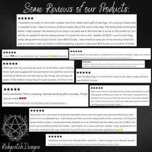 May include: A collage of customer reviews for a product that claims to bring good luck. The reviews are positive and include testimonials about winning money and finding jobs. The product is called "Mojo Lucky Bag" and is sold by Rubywitch Designs.