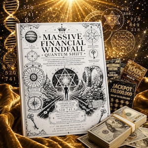 Peut inclure: Un livre intitulé The Massive Financial Windfall Quantum Shift avec des illustrations en noir et blanc d'un coffre-fort, d'une étoile et de clés. À côté se trouvent des tickets de loterie et une pile de billets de cent dollars sur un tissu doré.