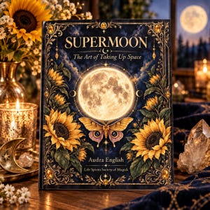 May include: A hardcover book titled Supermoon: The Art of Taking Up Space by Audra English. The dark blue cover features a large glowing full moon, a moth with patterned wings, and vibrant yellow sunflowers framed by ornate gold filigree.
