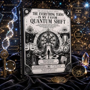 May include: A black and white hardcover book titled The Everything Turns In My Favor Quantum Shift. The cover features intricate illustrations of a compass, a scale, a key, and a person standing before a doorway, surrounded by celestial motifs.