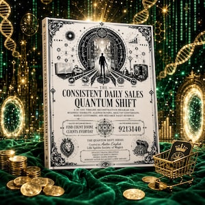 May include: A white book titled The Consistent Daily Sales Quantum Shift with black intricate illustrations, including a central archway, a lion, and a small gold shopping cart. The cover features text about a 30-day program and number sequences.