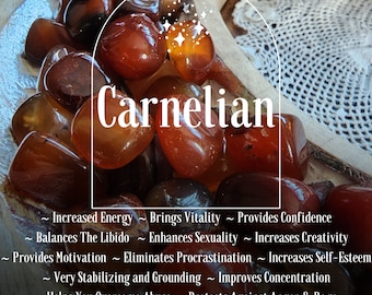 Carnelian with free spell option for your tumbled crystal. Associated with: Confidence, Kundalini Flow, Vitality, Empowerment, Motivation.