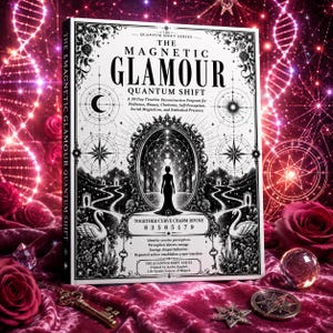 May include: A hardcover book titled The Magnetic Glamour Quantum Shift with a black and white cover featuring an ornate mirror, a silhouette of a person, swans, and celestial motifs. The text includes a 30-day program description and numbers.