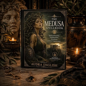 May include: A hardcover book titled The Medusa Spellbook by Audra English, featuring an illustration of Medusa with snakes for hair, a shield, and a temple on the cover. The book cover includes the text Spells of Protection, Transformation, Boundaries, & Fierce Empowerment and The Goddess Spellbook Collection.