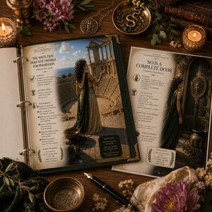 May include: An open three-ring binder and a loose page featuring printed text and illustrations of a person in a long gown standing in an ancient amphitheater and before a large door. The pages include the titles The Voice That Does Not Tremble For Permission and No Is A Complete Door, accompanied by a black fountain pen.
