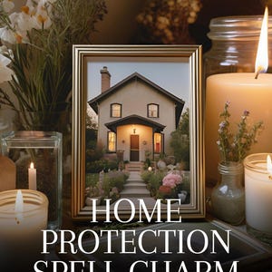 May include: A framed photo of a house with a lit porch light, surrounded by candles and flowers. The text "HOME PROTECTION SPELL CHARM" is below the photo, with the text "RUBYWITCHDESIGNS" below that.