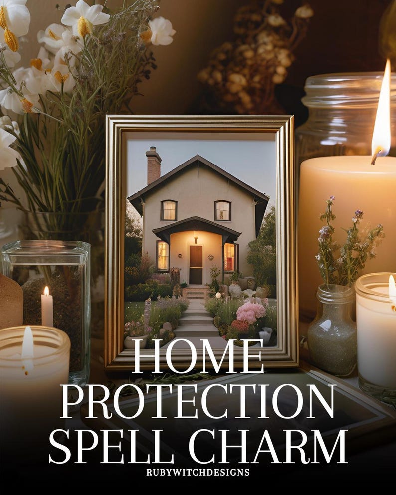 May include: A framed photo of a house with a lit porch light, surrounded by candles and flowers. The text "HOME PROTECTION SPELL CHARM" is below the photo, with the text "RUBYWITCHDESIGNS" below that.