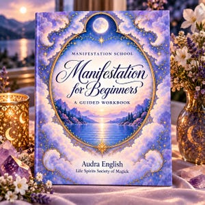 Könnte beinhalten: Ein gebundenes Buch mit dem Titel Manifestation for Beginners: A Guided Workbook von Audra English. Das Cover zeigt eine zentrale ovale Illustration eines Sees und von Bergen unter einem Vollmond, umgeben von violetten Wolken, Goldfiligran und Sternen.