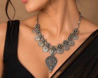 Vintage Oxidized Finish Silver Engraved Floral Coin Long Necklace Earring Set Boho Ethnic Tribal Medallion Teardrop Pendant Jewelry Set