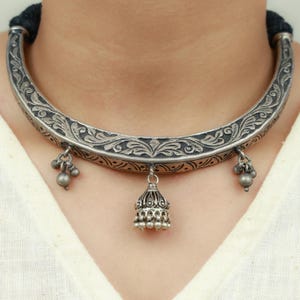 925 Silver Chitai Choker Necklace: Handcrafted Jhumka Pendant, Indian Jewelry