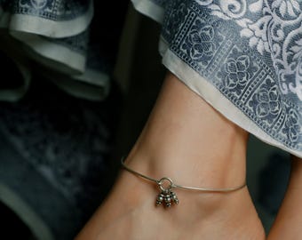 Designer 925 Sterling Silver Ghunghroo Kada Anklet, Adjustable Thin Leg Kada, Plane One Piece Anklet, Boho Anklet For Females