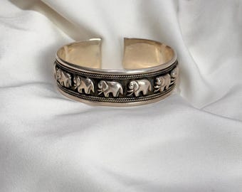 Oxidized Sterling Silver Elephant Cuff Bangle, Engraved Boho Bracelet