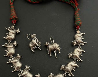 Kuh Charme Silber 925 Halskette Mit Ohrstecker, Rote Faden Kuh Halskette, Tier Ohrstecker, Einzigartige Pendent, Verstellbare Halskette, Indischer Schmuck