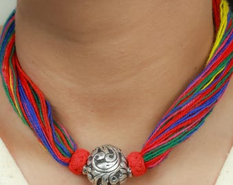 Handmade 925 Oxidized Silver Floral Engraved Ball Pendant Necklace Multicolor Thread Cord Boho Tribal Ethnic Everyday Jewelry
