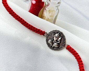 925 Silver Ganesh Rakhi, Red Thread Raksha Bandhan Bracelet