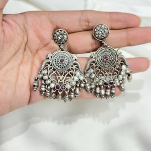925 Silver Statement Earrings,Ruby Stone Jhumka,Oxidized Silver Earrings,Handmade Indian Earrings,Ethnic Silver Jewelry,Tribal Drop Earrings