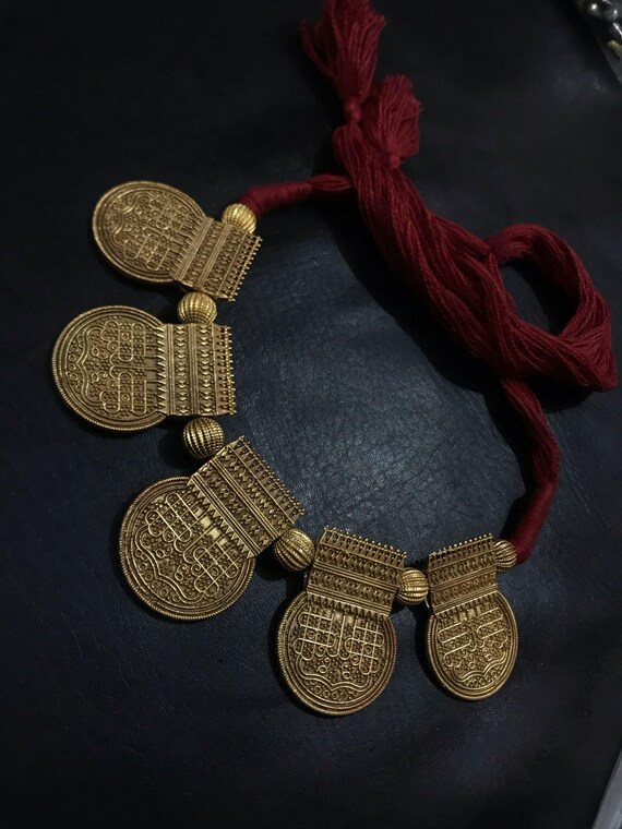 925 Silver Maroon Thread Coin Necklace, in Texture Work Handmade