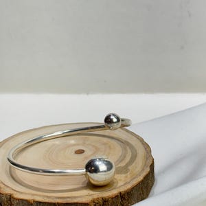 925 Sterling Silver Open Bangle Bracelet, Minimalist Adjustable Silver Cuff, Handmade Ball-End Bracelet,Handmade Open Cuff Bracelet,Gift Her