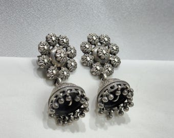 925 Sterling silver Indian Floral Jhumka, Casual Wear Earrings, Handcrafted Earrings, Indian Silver Jhumka, Statement Piece