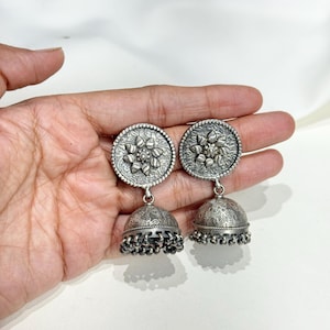 925 Sterling Silver Jhumka Earrings | Oxidised Indian Bell Earrings | Handmade Ethnic Drop Earrings | Boho Silver Dangle Earrings for Women