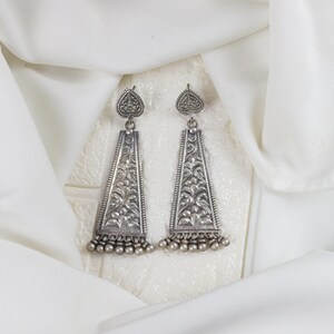 925 Sterling Silver Engraved Floral Triangular Dangler Earrings with Ghungroo Drop Ethnic Boho Thapa Work Long Trapezoid Earrings