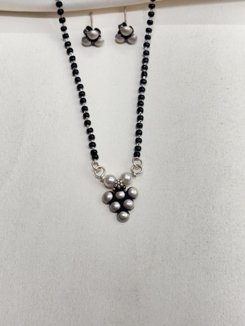 Silver Cute Pendant, Oxidized Silver Mangal sutra With Earring, Tiny Pendant Studs, Silver Dainty Necklace, Minimalist jewelry gift for her