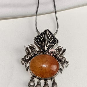 Smoky Brown 925 Silver Pendant, Brown Stone Pendant with Chain, Horse With Wings Silver Necklace, Minimalist Jewelry, Animal Pendent