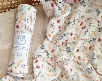 Floral muslin swaddle blanket, Wildflower swaddle, Floral baby gift, Newborn gift for girls