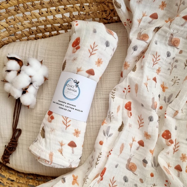 Woodland muslin swaddle blanket, Mushroom swaddle, Newborn muslin swaddle, Woodland newborn baby gift